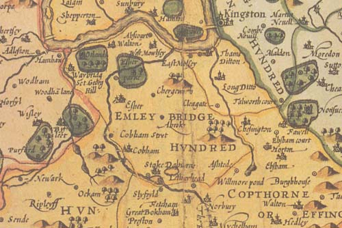 Emley Bridge Hundred on John Speed's map of Surrey, 1610